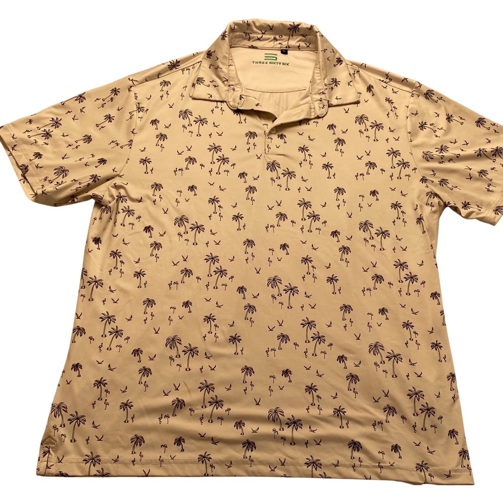 Three Sixty Six Mens XL Golf Polo Shirt Tropical Palm‎ Tree Flamingo Cream Tan